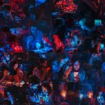 **Impasto oil painting with thick expressive brushstrokes and rich pigments, showing people sitting at a dinner table illuminated by smartphone screens, reflections of blue and red light across their faces, painterly realism, critique of digital addiction and social disconnection, fine-art cinematic lighting --ar 1:1 --tile --v 6.0** - <@1161597189164908627> (fast)
