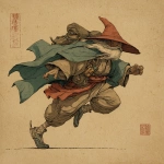 **male goliath monk, wearing a cloak and wizard hat, running, in old japanese art style** - Image #1 <@324026080451100683>