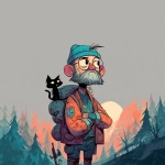 **<https://s.mj.run/RTecCqauTFQ> Reimagine this clean cartoon illustration in a painterly, atmospheric style. Use muted earthy tones blended with halloween colored pastels, textured brush strokes, and hazy gradients in the sky. Hiking through the forest with his cat. In the Pacific Northwest near the mountains during blue hour. Apply loose, expressive linework with subtle shading, crosshatching, and worn textures. Add depth and warmth through cinematic lighting and moody color grading. Expressions should remain exaggerated yet nuanced, balancing humor and melancholy within an atmospheric, storybook-like setting. Color Palette: 20% pastel periwinkle 40% pastel cotton candy 20% pastel sekura pink 10% pastel celadon 10% pastel black** - Image #3 <@757787837981786134>