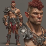 **Character design sheet. Realistic 3d rendering. Character design sheet of a ruggedly handsome, Hyper muscular handsome half orc, bodybuilder, bright silver eyes, short curly red Mohawk, short pointed ears, defined muscles, Huge leg muscles, huge pectoral muscles, big arm muscles, vascular hyper muscular, wide Grecian nose, strong square jaw, defined cheek bones, masculine features, freckles, Bodybuilder, short pointed ears, wearing Roman gladiator armor. --v 7.0** - Image #4 <@1222981214734913607>