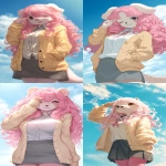 **A female character with pink long curly hair and crossing bangs, face of sea otter, black nose, winker, fluffy fur in face, pink fluffy tail, softly fearlessly, sleepy express, wiping her eye, beige cardigan on white school shirt, rounded body, gray mini skirt, slim leg. Dynamic angle. Sunny day, blue sky, cozy atmosphere. --ar 9:16 --v 7.0** - <@1295038533547069462> (relaxed)