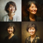 **Yoko Hada, a Japanese woman in her early 60s. Her hair reaches her shoulders. She smiles gently, her eyes soft and embracing. She is slightly plump but short in stature. Portrait. Oil painting style. --v 7.0** - <@1105655477741813870> (fast)