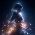 **A figure dissolving into starlight, pierced by glowing musical notes, bass waves radiating through their chest, strings of energy pulling them through time, gods of fire and wind fading in the distance, cosmic rebirth, surreal, divine ascension, translucent body becoming the universe, stars pausing to listen, ambient celestial tones ethereal, cinematic lighting, ultra detailed, high contrast** - Image #4 <@876267919003238460>