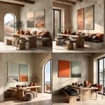 **contemporary dining room with wooden table, muted earth tones, terracotta ceramics, beige plaster wall, soft morning light, two framed vertical posters (2:3) aligned above dining bench, your art here, clean aesthetic, --ar 1:1 --s 250** - <@936233332788854815> (fast)