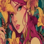 **An illustration with intense tones of a spring's goddess in 3/4 view holding a butterfly in her hand and wearing a lily in her hair, in colorfull and anime style. --ar 16:9 --v 7.0** - Image #1 <@1068240844349509652>