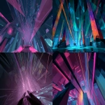 **a conceptual boss design of the game 'Rez', shows the player high-tech structures in a low-poly style. a low poly retro neon portrait of an abstract low poly man with a pair of hands covering her eyes. the scene conveys a sense of motion as the beams from the laser guns hit different parts of the structure. the environment has simple geometric shapes that indicates mirrors and library and the scrolls, and the dark background is complemented by the game's use of bright neon colors and glowing effects to create a sense of depth and excitement. the structure should have a religous feeling. --ar 16:9** - <@816916814089027595> (fast)