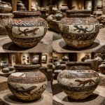 **Ancient New Mexico pottery olla with thin-line stylized lizard (gecko-like) procession band around the jar neck, small scale, evenly spaced, geometric, non-sacred, black-on-white, weathered matte slip, lower band of step-frets and chevrons, weathered matte black-on-white slip, small chips and wear; standing by a tan adobe doorway with wooden lintel (soft late-sun); watercolor granulation; in the style of E. H. Shepard, 1910 not cartoon, not dinosaur, not glossy glaze, no museum label, no text --ar 4:5 --stylize 300 --chaos 4 --raw** - Variations (Strong) by <@1081749564803010630> (fast)