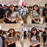 **a photo of an asian woman with long hair, wearing gray short sleeves and black pants in the mall shopping area, smiling at me while holding something in her hand. the background is crowded with people inside uniqlo stores. she has bangs on one side of her head, slightly sideways, and looks directly into my eyes. her skin tone appears to be pale white or light brown. --ar 37:45 --v 7.0 --p uhaa3kn** - <@1259439584010309703> (fast, stealth)