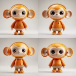 **3D cartoon orange monkey character, big round head, short stubby legs, asymmetrical ears (one larger), humanoid clothing proportions, shiny textures, stylized but realistic materials, toy-like appearance, standing in neutral pose, white background style cute** - Variations (Strong) by <@1233005194753609839> (fast)