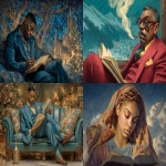 **Ernie Barnes art at Christmas, reading the Urantia Book, 8k, --chaos 99 --ar 8:5 --exp 50 --stylize 750 --v 7.0** - <@843177938186797076> (fast)