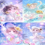 **Summer anime girl wallpaper, ultra cute 8 year old with round sparkly eyes, wearing sunflower s, holding pastel ice cream cone, soft pastel colors, vint summer background with watermelon slices, palm trees and fireflies, watercolor splashes, glowing bokeh lights, joyful expression, playful dynamic pose, trending on pixiv, studio ghibli style with makoto shinkai lighting, ultra HD 8k, intricate details, --ar 9:16 --no realistic dark sharp --p du6xltc 3453w9c qixk1cu o45fetc --niji 6 --s 666 --relax --raw** - <@1384018012746809385> (relaxed)