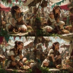 **a dark-haired female elf cleric of life, dresses like a rustic rural hippie, out eating food from food-carts in a fesitval, joyous carnival atmosphere, D&D fantasy art magazine cover** - Variations (Strong) by <@1174469651695144981> (fast)