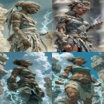 **The Zulu priestess stands among the ancient ruins. Her fingertips crackle with lightning as she summons the powers of the gods. Muscles visibly strained, it is almost more than she can bear, but she is determined. Though her teeth are gritted, her expression is resolute. --ar 1:2 --s 750** - <@344228814332887040> (fast)