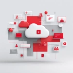 **A minimalist graphic design in red and gray colors, a big Symbol for Video, health, legal dokuments, a cloud-computer, a screen. On a pure white background. Small icons representing law, external consultants are shown as sharp, fascinating objects. The overall composition should convey the message that secure video conferencing is maximal important. Style: Clean, modern, corporate design with sharp contrasts between red and gray elements** - Image #1 <@1092756638915629066>