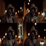 **2 St. Louis Based black Rappers, wearing all black, black masks and hoods, gloves, up close and personal 8k professional photography shoot for an album cover, low light night time dynamic and cinematic --ar 16:9 --v 7.0 --raw** - Zoom Out by <@1060379121521279086> (fast)