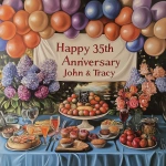 **"Happy 35th Anniversary John & Tracy" banner surrounded by balloons, flowers and delicious food. --v 6.1** - Upscaled (Creative) by <@1327691479602298971> (relaxed, stealth)