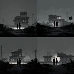 **An evocative and minimalist digital artwork, medium shot, rendered in a dark, monochromatic style consistent with previous designs. The composition prominently features a partially destroyed school building, with distinct architectural elements like classrooms, visible blackboards or educational posters, and perhaps a damaged school sign or playground equipment clearly identifiable in the background. In the foreground, two young, silhouetted figures, seen from behind, navigate through scattered rubble and debris, implying their presence within the converted shelter. The sky above is a uniform dark tone, emphasizing the bleakness of the scene. The figures appear small and vulnerable against the backdrop of the ruined educational institution, highlighting the profound impact of conflict on children and the repurposing of vital community spaces. The overall mood is somber and reflective, conveying the disruption of learning and the precariousness of refuge, presented with a stark and uncluttered visual approach** - Variations (Strong) by <@1032195406119043132> (fast)