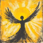 **Music graphic design block print with crayon / brushstrokes. Depicting an image of angel love, sun shining down. The overall style is very abstract and minimalist tribal with a lot of energy --v 6.1** - Image #3 <@886913816171008040>