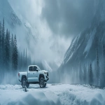 **a popular pickup truck (Toyota Tacoma TRD Off-Road) parked in a deep snowy mountain pass, thick falling snow, frosted trees, overcast light, tire tread in snow, cinematic automotive ad photography, photorealistic 8k detail, wide landscape composition with empty space on left for text and logo placement, depth of field, Canadian winter environment, cold misty air, moody yet premium tone, professional commercial lighting, ultra-sharp reflections, perfect for web banner hero image --ar 7:3 --v 6.0 --s 250 --raw** - Upscaled (Creative) by <@692393901872644097> (fast)
