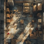 **top-down view of an industrial warehouse interior, filled with tall metal shelves, scattered wooden crates and cardboard boxes, harsh overhead lighting casting long shadows, worn concrete floor with oil stains, one wall features a red flashing alarm light, gritty realistic texture, detailed grid-friendly layout, designed for tabletop RPG battle map, 2D isometric map style, Dungeons & Dragons theme --v 6.0 --ar 1:1 --raw** - Image #4 <@398622100233125890>