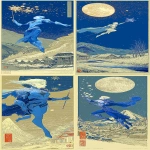 **traditional Japanese woodblock print in the style of colorful ukiyo-e by Hasui Kawase and Hiroshi Yoshida and Tōshi Yoshida using vibrant colors and Japanese minimalism, balance, and harmony, depicting a very handsome, Jack Frost dressed all in white flying through the air, his cape flapping in the wind, making snowflake macrophotography with his magic wand, in a mountain village under a starry sky, swirling snow, cinematic composition, gold gilt highlights --chaos 33 --ar 2:5 --seed 3793767656 --raw --sref <https://s.mj.run/UqZpQeGrfKY> <https://s.mj.run/0X518EyHJWI> <https://s.mj.run/IC85_j5yIBY> --sw 999 --oref <https://s.mj.run/MTXs1LP7JiU> --ow 475 --stylize 999 --iw 0.4 --v 7.0** - <@688195114849271814> (fast)
-# Create, explore, and organize on [midjourney.com](<https://midjourney.com/imagine?from_discord=1>)