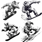 **black line art illustration, simple tattoo-style outline, dynamic snowboarder mid-jump, clean bold lines, minimal shading, white background, detailed winter clothes, expressive motion, wild boar head instead of the original head, large tusks, aggressive expression, smooth flowing linework, high contrast, stylized minimalistic design --v 6.0 --ar 1:1 --raw** - <@1411409201405624532> (fast)