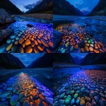 **illuminated river stones at night beneath the manifold mosaic murmurationism duration through the rock mountains under a night sky --ar 16:9 --sref <https://s.mj.run/25o_KGHQ_zo> --personalize nl7lyv9 --v 6.0** - <@1146047051570876487> (fast)