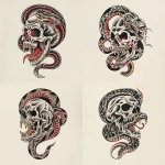 **A snake traditional old shcool skull tattoo design, white background** - Variations (Strong) by <@1289925671455559733> (fast)