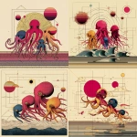 **a whimsical, vibrant cartoonish image of a family of octopuses swimming around in the ocean. One of the smaller octopuses is blue, the rest are orange. --no people, --sref 122 --s 250** - <@1097991841179254824> (fast)