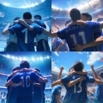 **Young Japanese male soccer player celebrating after scoring, plain solid blue jersey with no logos or brands, only a white back number, hugging teammates, modern stadium full of cheering fans, bright lights, sweat and determination on faces, cinematic atmosphere, realistic style, wide shot, no goalposts --niji 6** - <@1212945075831836692> (relaxed)