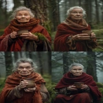 **An environmental portrait by Annie Leibovitz for Vogue. A strong, mature Slavic woman (with subtle wrinkles and wise eyes) in a windswept Karelian forest. She wears a heavy, worn, red woolen cloak, holding a simple wooden cup. Dense moss, fog, towering pines. Cinematic lighting, textured skin, film grain, raw authenticity, shot on medium format film. --stylize 150 --ar 2:3 --v 6.0 --raw** - <@1267506165907066994> (fast)