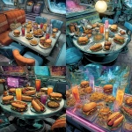 **scifi comic book style, diner table futuristic, covered in hotdogs burgers fries and shakes, colorful, bright, classic scifi, scifi comic book style** - <@186377350642925568> (fast)
-# Create, explore, and organize on [midjourney.com](<https://midjourney.com/imagine?from_discord=1>)