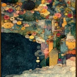 **Cosmography tapestry of a uniquely gorgeous mystery in the styles of Schiele, Klee, and Klimt, magical realism haute vivid dreamscape, rococo extravagance sumptuous shapes rich colors, watercolor borders the edges of the photograph --ar 4:5** - Image #2 <@948741381743083580>