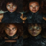 **Mische, striking African American woman with warm brown skin dusted with freckles, glowing sharp eyes full of mischief, voluminous curly dark hair framing her face and shoulders, angular cheekbones, natural full lips, confident mischievous expression. Wearing fitted black leather combat gear with subtle gothic detailing. Cinematic fantasy portrait, hyper-realistic, ultra-crisp detail, chiaroscuro dramatic lighting, epic atmosphere, powerful and magnetic presence. --ar 2:3 --v 6.0 --no porcelain-skin doll-like glamour smooth-airbrushed features cosplay unrealistic-textures watermark --raw** - <@1244098075421708410> (fast)