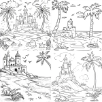 **A simple coloring page for children of A beach scene with sandcastles, palm trees, coloring page for kids in a monochrome style, simple with no details. for a simple black and white coloring page, line art, thick lines, easy to color. no shading lavender --v 6.1** - <@1201148944726638674> (fast)
