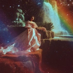 **1970s film grainy photograph. A twinkling waterfall. Big statues of freestanding walls, covered with black tiny rainbow colored holographic rhinestones glinting in the sun. Around the statue is a fashion model, some curvy plus-size, some of different ethnicities. She wears an opulent gothic futuristic pink and blue, satin lace and fish-net outfit, adorned with roses. Eerie sci-fi aesthetic. Bright colorful light. sparkly airy misty twinkles fall from the sky. Orange, peach, pink, blue, lime green, purple --v 7.0 --ar 2:3** - Image #3 <@840730232632639528>