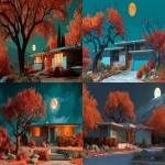 **a spooky Halloween night,photorealistic midcentury modern house of a hill, spooky tree, orange full moon, shadows, colors of aqua, pinks, oranges, reds, photorealistic. --v 7.0 --ar 16:9** - <@726790638733099128> (fast)