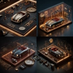 **A highly detailed isometric 3D illustrative render, in the visual style of Unreal Engine cinematic lighting. The scene shows a large wall-mounted display panel designed like a piece of luxury automotive art. The display is a single elegant frame containing all elements together in one unified composition: a Porsche Speedster 1956 scale model at the center, surrounded harmoniously by key authentic components a classic Porsche wooden steering wheel, the metal license plate "CLD 71", a pair of original engine pistons, a vintage analog stopwatch, and the front bumper with round headlights of the car. The materials are rendered with realistic reflections and warm ambient lighting, highlighting metal, glass, and rich wood textures. The background is dark and sophisticated, with subtle LED glows around each object. The overall aesthetic should evoke a luxury automotive museum meets art gallery, precise like an engineering diagram, yet cinematic and elegant.** - <@153912116150140929> (fast)