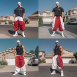 **A young handsome 30 year old very muscular buff white man with a white durag on his head dressed in a Y2K Cholo gangster style, wearing a black Pro Club t shirt and extremely baggy, extra-long, 3XL plain red and white Jordan basketball Y2K shorts. He is wearing Nike Air Force 1s standing in his driveway. --v 7.0** - Remix (Strong) by <@1061360796438900746> (fast)