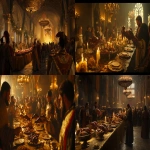 **grand medieval banquet hall with nobles feasting; servants carrying roasted exotic birds with feathers still attached; golden candlelight; cinematic realism --ar 16:9 --v 6.1** - <@1168965155363762248> (fast)