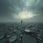 **a solitary human figure standing in a vast, empty void, shadows stretching endlessly, the ground cracked and barren, a dim gray sky with no sun, broken clocks and scattered pages dissolving into dust around them, the person’s posture slumped in despair, muted monochrome palette with faint traces of fading color, surreal and existential atmosphere, cinematic, highly detailed, symbolic of emptiness and futility --ar 16:9 --v 7.0** - Image #2 <@415014465860272130>