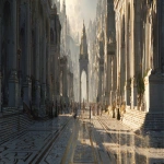 **A sweeping panoramic view of a grand ceremonial avenue stretching from a colossal city gate to the outer walls. The road is paved with gleaming white stone, inlaid with intricate patterns and names of past processions. Towering statues flank the route, their faces carved in eternal judgment. At intervals, marble arches span the path, casting patterned shadows in the golden light of late afternoon. The gate itself looms ahead--ornate, symmetrical, and fiercely guarded. Immaculately uniformed sentinels stand motionless along the procession route, while distant banners flutter above them. The atmosphere is formal, hushed, and steeped in tradition. No dust, no chaos--only silence, symmetry, and ceremony. Renaissance dark fantasy setting, cinematic lighting, painterly realism, ultra-wide composition, richly detailed --ar 4:1 --v 7.0** - Image #3 <@197135255692509185>