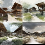 **permaculture campus design with multiple buildings and covered walkways for a technical high school with architectural influences from lake flato architects and contemporary New England vernacular. Visualize the shot from the human perspective, from a path looking toward a building** - <@1182158818818400348> (fast)