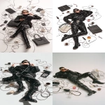 **advertising shot of balenciaga, white background. a man wearing black and high boots is lying on the ground with his phone in hand, making a call while holding bags from balenciaga, surrounded by cables, coffee cups, and glasses. the scene was designed in the style of john galliano for vogue magazine. it's a masterpiece! --ar 9:16** - <@1140324697154797598> (fast)