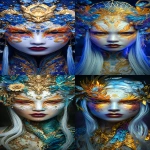 **Symmetrical front view of An artistic fantasy makeup portrait inspired by the Vietnamese legend ‘Con Rồng Cháu Tiên’. A regal Indonesian woman symbolizing the dragon and fairy ancestry golden, orange, and royal blue tones in shimering bold white face paint. Dragon-scale eye makeup with metallic gold eyeliner shaped like a dragon curve, shimmering red and aqua gradient eyeshadow, pearl and crystal accents around the eyes. Deep dark ruby lips with golden glow, glowing porcelain white painted skin with ethereal light. Subtle dragon scales painted on the temples and neck. Long white and blue Hair with golden halo crown that have cloud and wave details. Traditional Vietnamese cultural energy, representing patriotism, heritage, and unity. The model Look at the camera in beauty pose, Cinematic lighting, ultra-detailed, fantasy fine art portrait, 8k realism. --ar 45:103 --profile maltihr** - <@1043498067623686144> (fast)