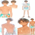 **I draw high quality detailed full body illustration of k-pop male idol character. Full body. Front shot of a handsome, toned figure. Short Black hair. Hairstyle with one eye hidden. Male eyes. black eyes. Fierce smile. Wearing swim shorts. Full body shot --no shirt,t-shirt,tank-top,coat,robe,towel,hoodie,jacket,crossed-arm --ar 9:16 --sref 3284224::1 20240919::0.5 800401977::1 --profile xxkcadh --stylize 180 --niji 6** - <@409716268476923920> (fast)