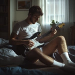 **a guy rocking his electronic guitar at home in his boxershort, he is wearing white socks and a loose white t-shirt, super realistic photo, HD** - Image #4 <@1125339774677426227>