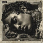 **highly detailed renaissance engraving style album cover, Black woman lying with her head down, snakes coiling around her, intricate crosshatch linework, heavy Cuban link chain with a large jewel-encrusted "P" pendant, faint glow from the pendant, surreal aura of smoke and abstract symbols in the background, baroque borders with hidden inscriptions, vintage worn texture like an old vinyl cover, gothic and mythological mood with modern hip-hop symbolism --s 250** - Image #2 <@533584302466662410>