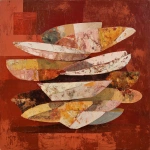 **oil painting broken abstract plates floating in slow ritualistic motion, large flat geometric shards, mask-like oval shapes instead of realistic details, muted cream and ochre tones, deep matte brick-red background, dry brush texture, visible underpainting, elongated lines, symbolic stillness, Peggy Kuiper inspired style, contemporary abstraction** - Image #4 <@1247660892770795582>