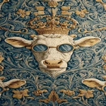 **<https://s.mj.run/0GMbnBQLfYo> william morris wallpaper design of humanoid cows wearing sunglasses and wearing a crown, using 3 colours only --no birds --ar 13:25 --iw 3** - Image #4 <@1103975769467789322>